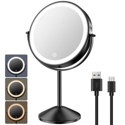 Benbilry 8 Inch Lighted Makeup Vanity Mirror with 3 Color Dimmable Lights, 1X/10X Magnifying Rechargeable Double Sided Light Up Cosmetic Mirror, 360 Swivel Cordless Standing, Black
