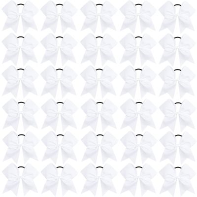 CN 30PCS 8" Large Cheer Bows, Cheerleading Bows Ponytail Holder for Girls, Grosgrain Ribbon White Cheer Hair Bows with Elastic Hair Tie for Cheerleader College Sports Softball Competition (white)
