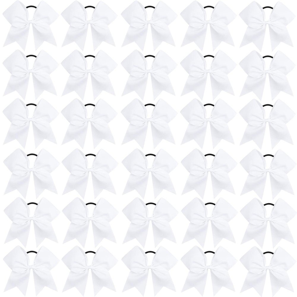 CN 30PCS 8" Large Cheer Bows, Cheerleading Bows Ponytail Holder for Girls, Grosgrain Ribbon White Cheer Hair Bows with Elastic Hair Tie for Cheerleader College Sports Softball Competition (white)