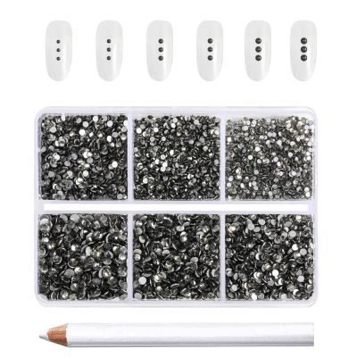 Beadsland 7200pcs Flatback Rhinestones,Gray Rhinestone Nail Gems Round Crystal Rhinestones for Crafts,Mixed 6 Sizes with Wax Pencil Kit, SS3-SS10,Black Diamond