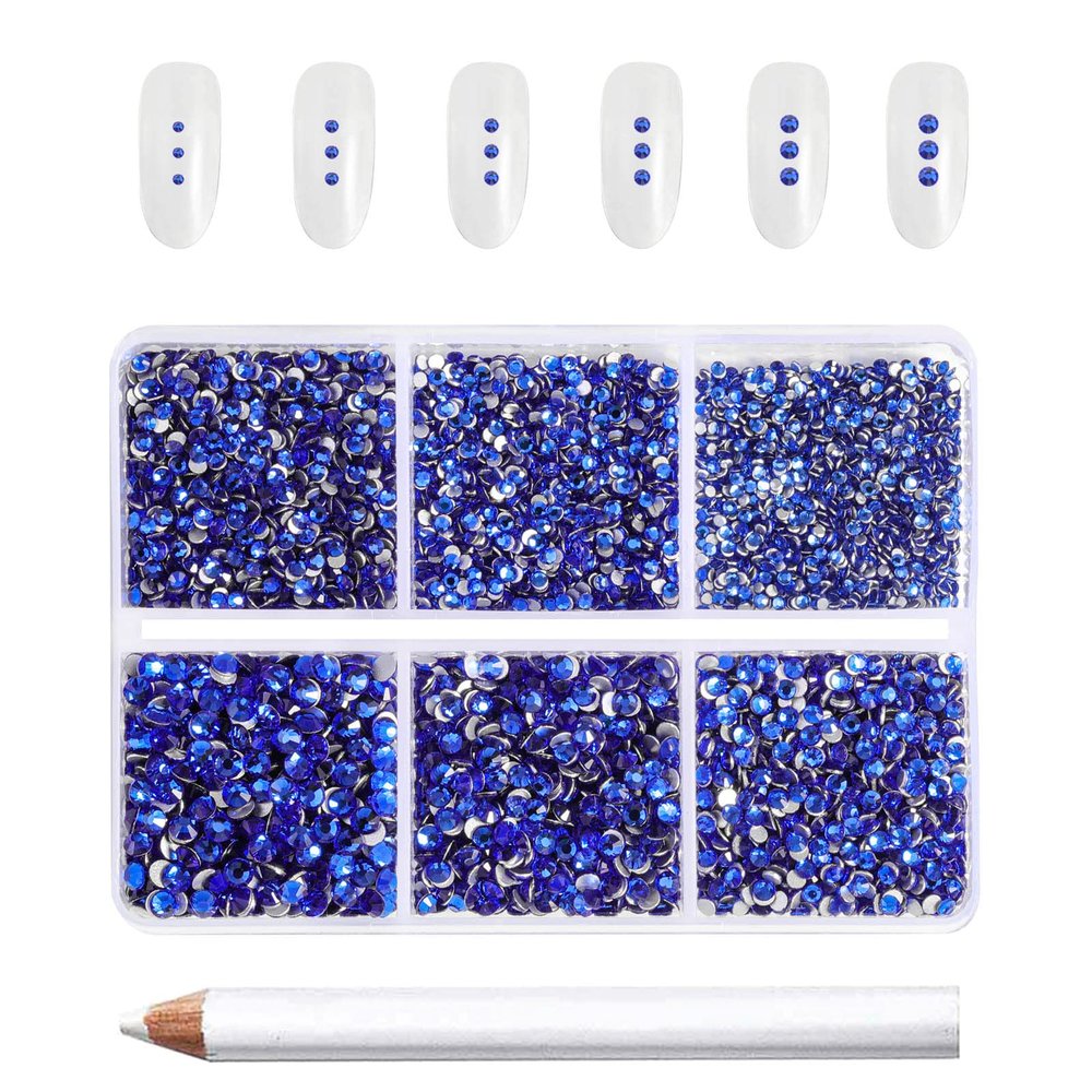 Beadsland 7200pcs Flatback Rhinestones,Royal Blue Rhinestone Nail Gems Round Crystal Rhinestones for Crafts,Mixed 6 Sizes with Wax Pencil Kit, SS3-SS10,Sapphire