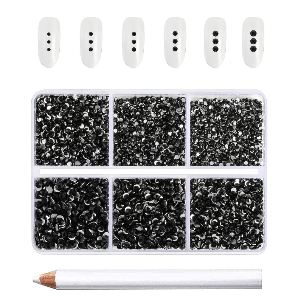 Beadsland 7200pcs Flatback Rhinestones,Black Rhinestone Nail Gems Round Crystal Rhinestones for Crafts,Mixed 6 Sizes with Wax Pencil Kit, SS3-SS10,Jet Black