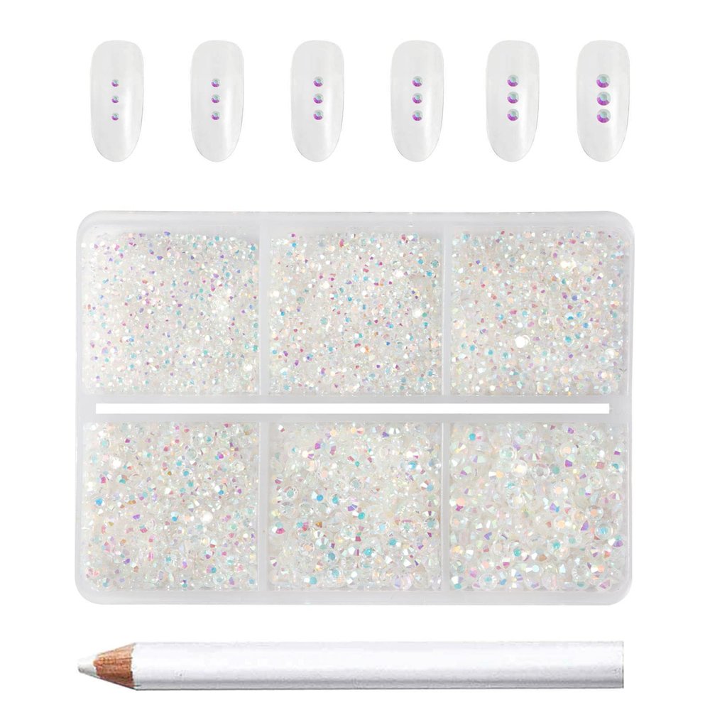 Beadsland 7200pcs Flatback Rhinestones,Transparent Rhinestone Nail Gems Round Crystal Rhinestones for Crafts,Mixed 6 Sizes with Wax Pencil Kit, SS3-SS10,Transparent AB