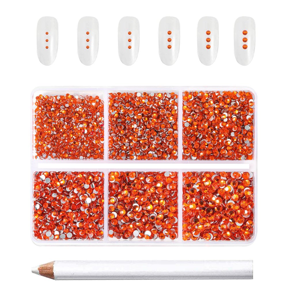 Beadsland 7200pcs Flatback Rhinestones,Orange Rhinestone Nail Gems Round Crystal Rhinestones for Crafts,Mixed 6 Sizes with Wax Pencil Kit, SS3-SS10,Hyacinth/Orange