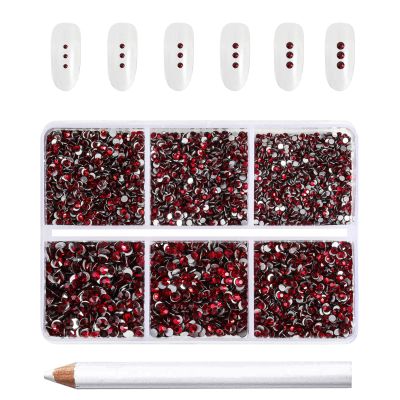 Beadsland 7200pcs Flatback Rhinestones,Dark Red Rhinestone Nail Gems Round Crystal Rhinestones for Crafts,Mixed 6 Sizes with Wax Pencil Kit, SS3-SS10,Dark Siam