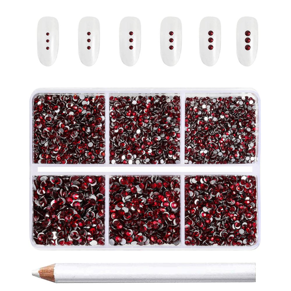 Beadsland 7200pcs Flatback Rhinestones,Dark Red Rhinestone Nail Gems Round Crystal Rhinestones for Crafts,Mixed 6 Sizes with Wax Pencil Kit, SS3-SS10,Dark Siam
