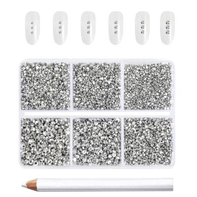 Beadsland 7200pcs Flatback Rhinestones,Silver Rhinestone Nail Gems Round Crystal Rhinestones for Crafts,Mixed 6 Sizes with Wax Pencil Kit, SS3-SS10,Silver Hematite