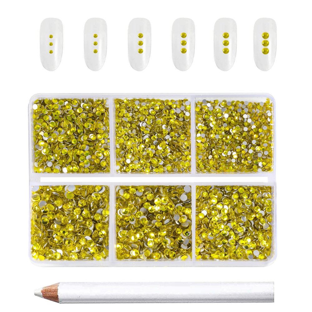 Beadsland 7200pcs Flatback Rhinestones,Yellow Rhinestone Nail Gems Round Crystal Rhinestones for Crafts,Mixed 6 Sizes with Wax Pencil Kit, SS3-SS10,Citrine/Lemon Yellow