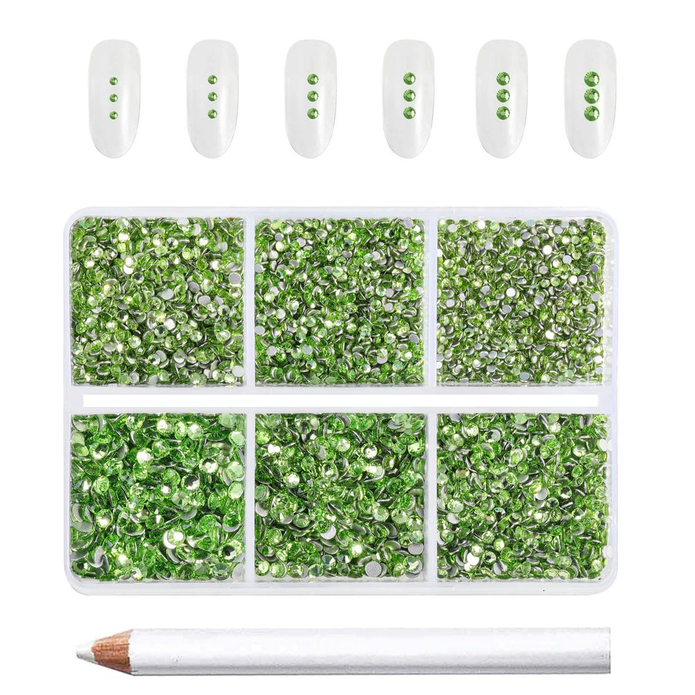 Beadsland 7200pcs Flatback Rhinestones,Light Green Rhinestone Nail Gems Round Crystal Rhinestones for Crafts,Mixed 6 Sizes with Wax Pencil Kit, SS3-SS10,Peridot/Light Green