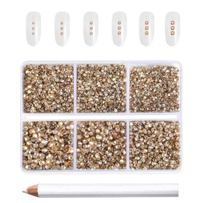 Beadsland 7200pcs Flatback Rhinestones,Gold Rhinestone Nail Gems Round Crystal Rhinestones for Crafts,Mixed 6 Sizes with Wax Pencil Kit, SS3-SS10,Golden Shadow
