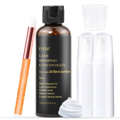 EMEDA Lash Shampoo Concentrate for Eyelash Extensions 100ml Eyelash Extension Cleanser Concentrate Bulk Liquid Kit with Brush Bottle Foam Soap Lash Bath Solution - Makes 20 Bottles 50ml Shampoo (Rose)