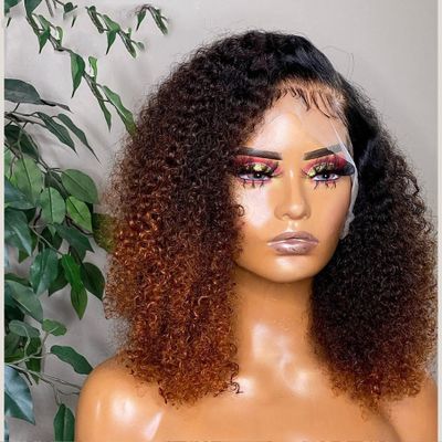 Short Bob Wig Curly 13x6 HD Lace Front Human Hair Wig Ombre Blonde #1B/4 Baby Hair 150% Density Natural Hairline Glueless Water Wave Pre-Plucked Brazilian Virgin Hair for Black Women 12 Inch