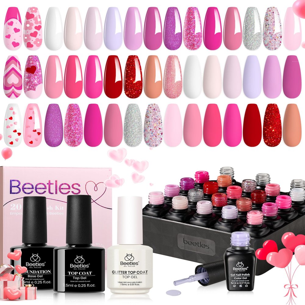 beetles Pink Gel Polish Set 20 Colors Hot Pink Alluring Sweetie Collection Nude Purple Glitter Red Uv Gel Manicure Kit with Base Glossy and Glitter Top Coat Gifts for Women