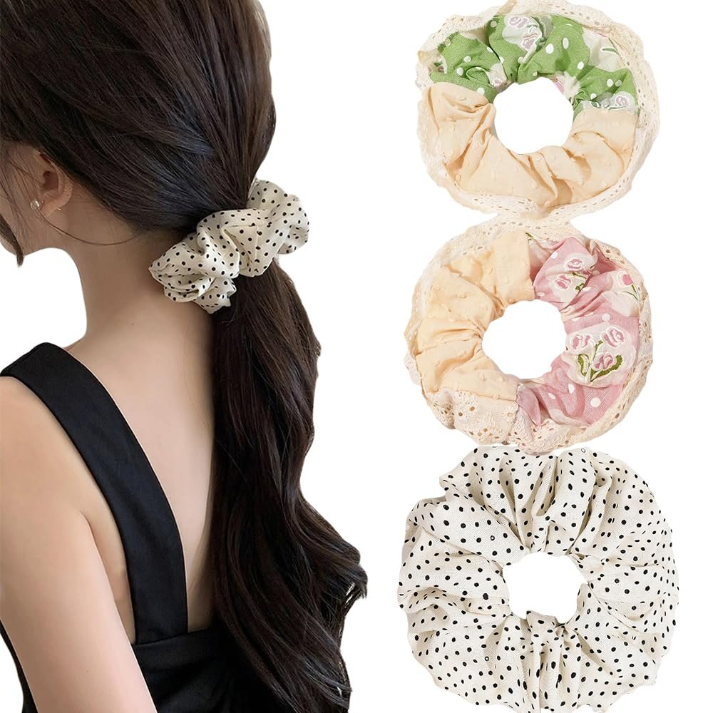 3 Pack Cute Lace Floral Hair Scrunchies for women, Lace Flower Hair Ties Floral Hair bands Scrunchies Ponytail Holders Floral Headbands Accessories for Girls