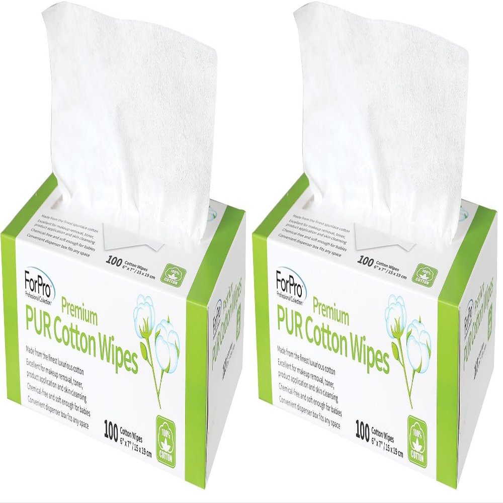 ForPro Premium PUR Dispenser Cotton Wipes, 100% Cotton, Extra-Soft, for Cosmetic, Nail, and Personal Care, 6 x 7, 100-Count (Pack of 2)