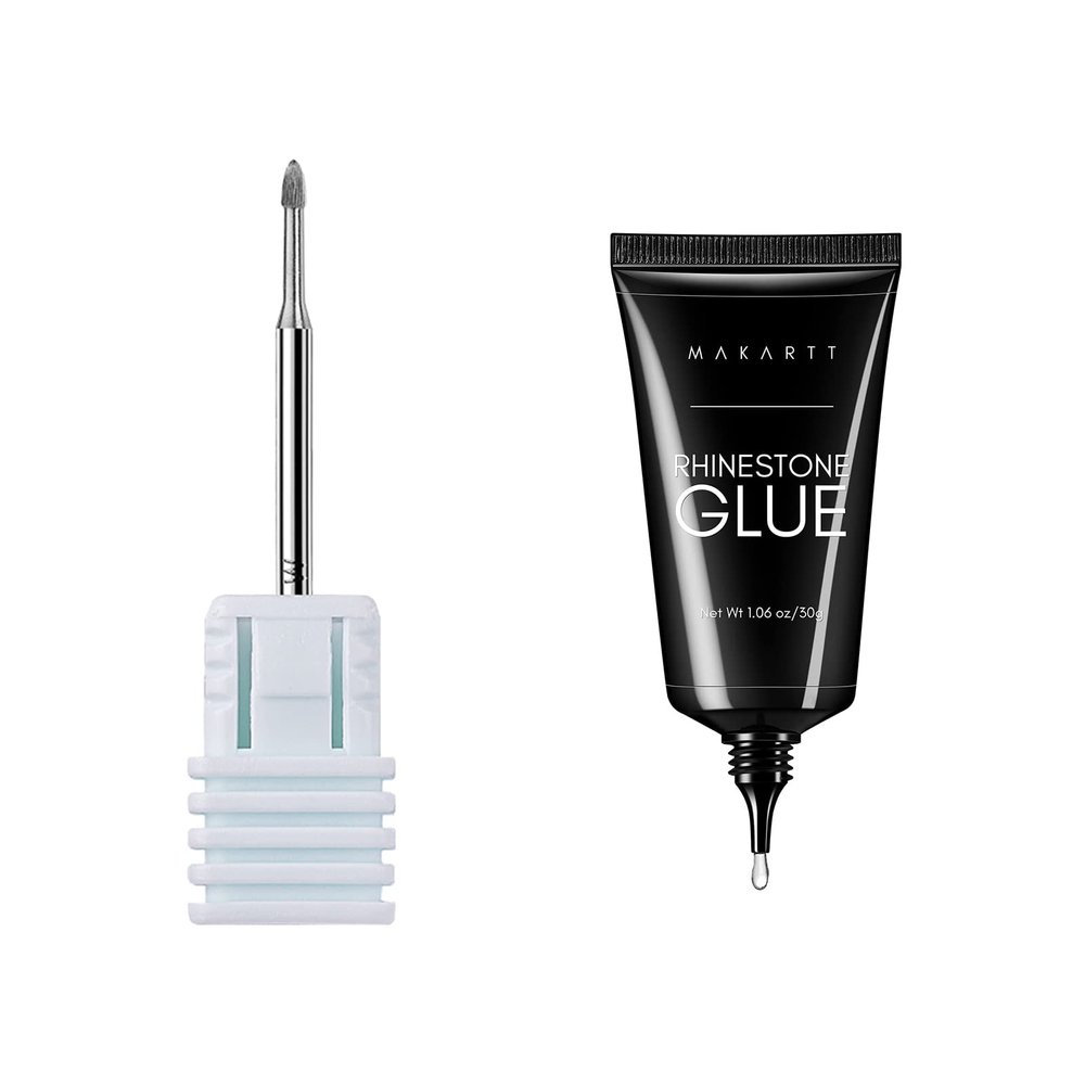 Makartt Safety Nail Drill Bits Tungsten Carbide Cuticle Remover Drill Bit Under Nail Cleaner Dead Skin Nail Prepare Bundle With Nail Rhinestone Glue Gel 1.06oz Nail Lamp Needed Gem Glue Gel