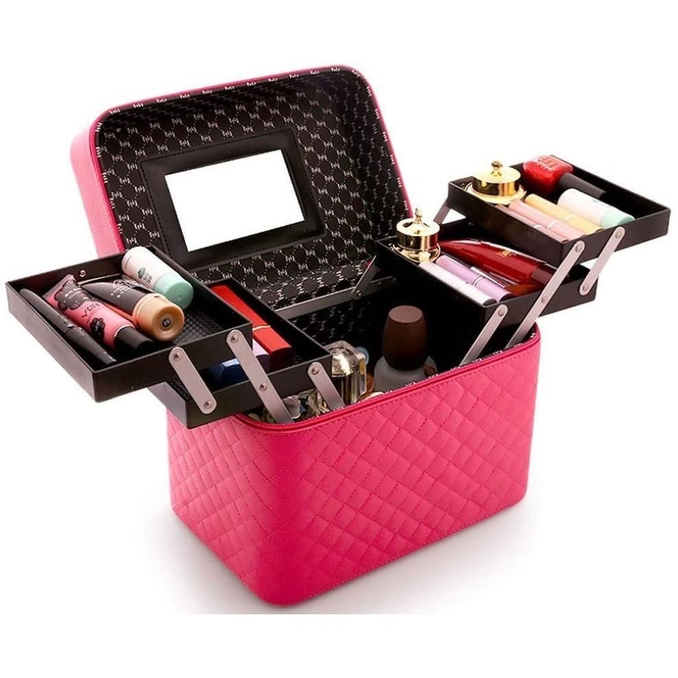 Feiyx Cosmetic Storage Organizer - Portable Cosmetic Case,Jewelry and Hair Accessories Storage Box,- 4 Tier Trays Professional Makeup Storage Organizer Box Make Up Carrier Display and Easy Organize Co