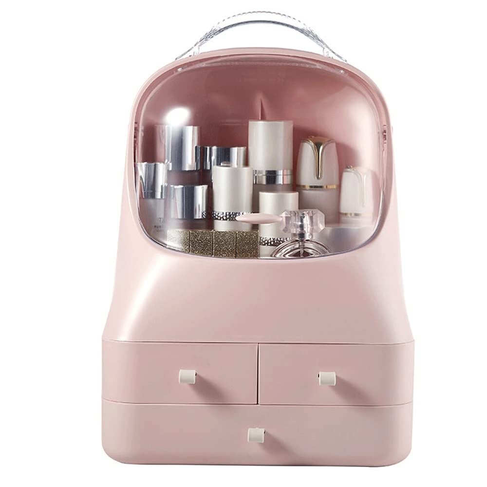 Feiyx Makeup Organizer Box with Dust Free Cover Portable Handle,Fully Open Waterproof Lid,Dust Proof Drawers,Waterproof,dustproof,Elegant Display Cabinet (Color : Pink)