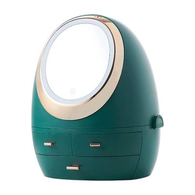 Feiyx Makeup Organizer,Cosmetic Storage Box with Drawer and LED Makeup Mirror,Suitable for Bedroom Bathroom,Multifunctional Storage Box (Color : Green)