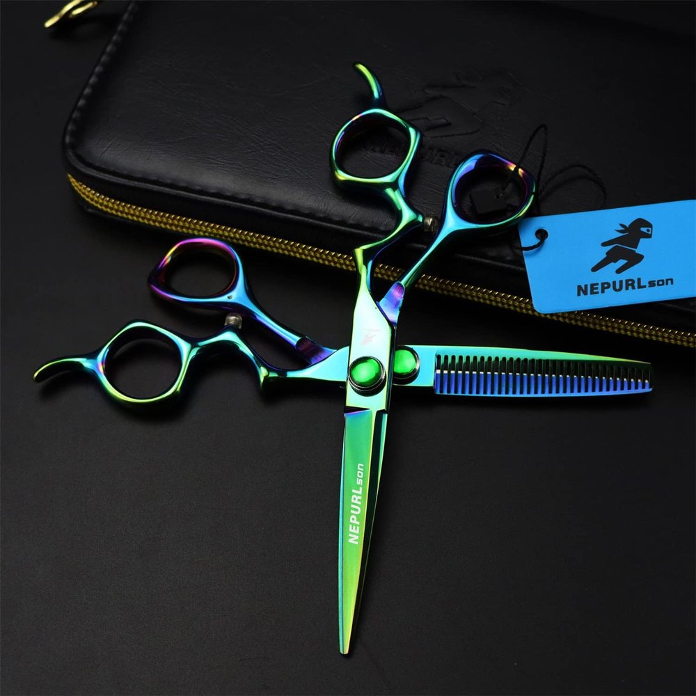 3Pcs Professional Hair Cutting Scissors Shears Kit, 6 Inch Green Curved Handle Hairdressing Scissors Set, 440C Japanese Stainless Steel, for Men Women Kids Home Salon Barber Tools Kit