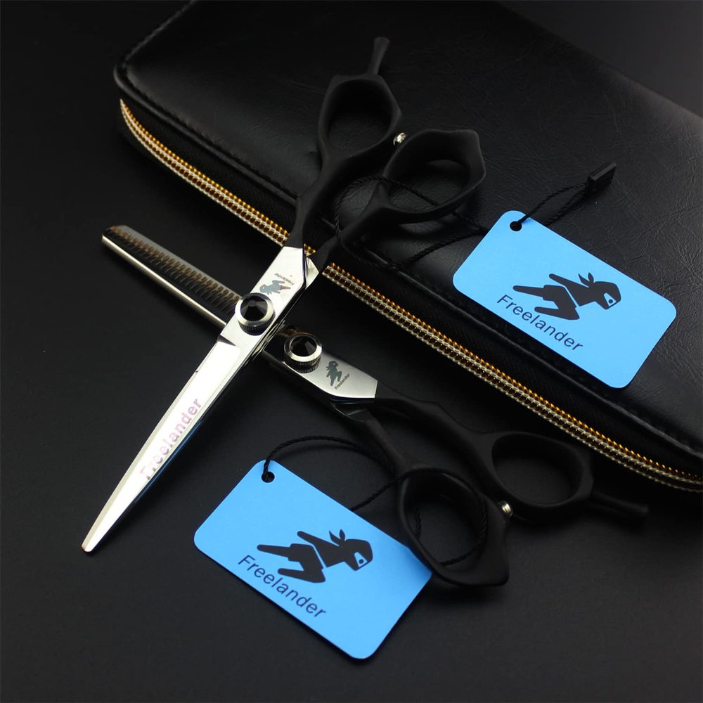 3Pcs Professional Hair Cutting Scissors Shears Kit, 6 Inch Black Elastic Handle Hairdressing Scissors Set, 440C Japanese Stainless Steel, for Men Women Kids Home Salon Barber Tools Kit