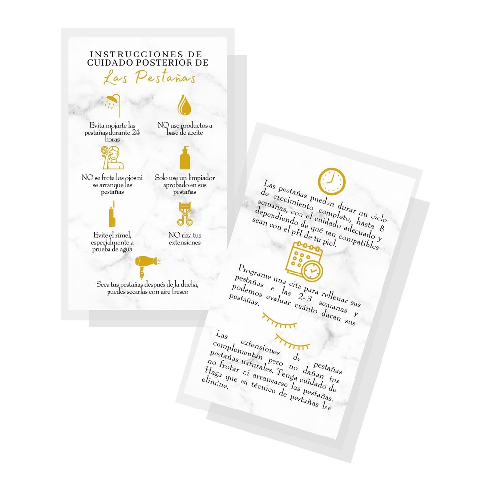 Spanish Lash Aftercare Instructions | 50pk | Cuidado Posterior de la Extensin de Pestaas | 2 x 3.5 inch Card for clients | Eyelash Extension Supplies marble gold beautiful, 2-3 week refills fillers