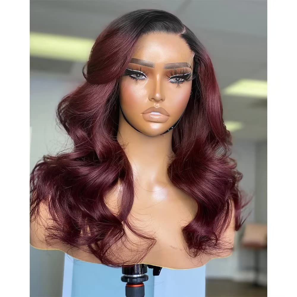 #1BT99j Body Wave 13X6 HD Lace Frontal Human Hair Wig Pre Plucked Bleached Knots For Woman 180% Density Lace Front Wigs Brazlian Remy Hair Glueless Wigs Transparent Lace Burgundy Color 26Inch