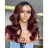 #1BT99j Body Wave 13X6 HD Lace Frontal Human Hair Wig Pre Plucked Bleached Knots For Woman 180% Density Lace Front Wigs Brazlian Remy Hair Glueless Wigs Transparent Lace Burgundy Color 26Inch view 1