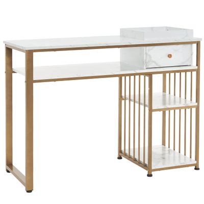 BarberPub Nail Table with Storage Marbling Texture Manicure Desk with Drawer Home Salon Beauty Equipment 2408 (White)