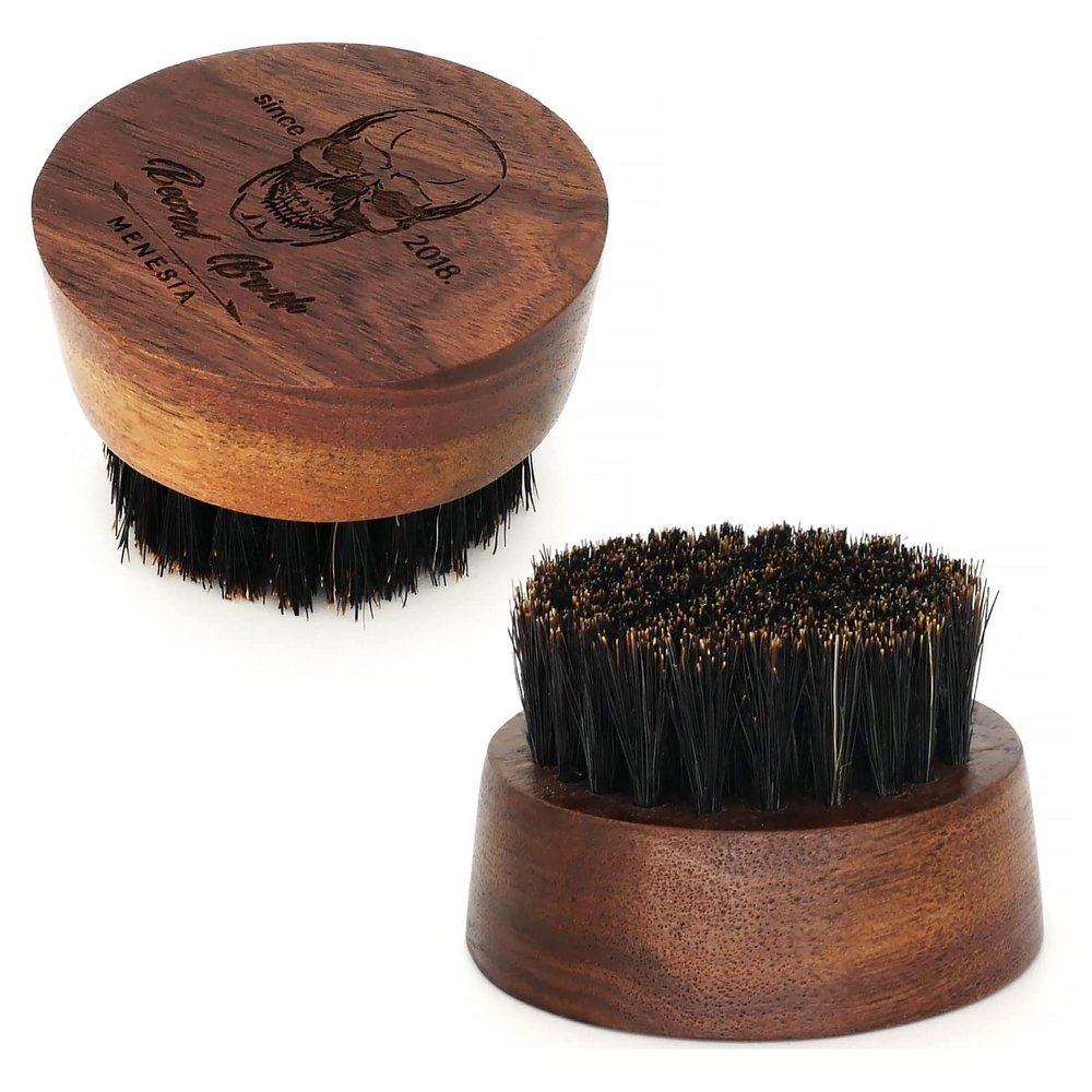 Menesia Small and Round Beard Brush, Pocket Travel Men's Wooden Boar Bristle Hair Beard Mustache Brush for Men (Skull)
