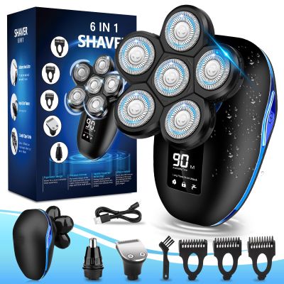 Head Shaver for Bald Men,6-in-1 Electric Shaver for Bald Head 6D Wet/Dry Waterproof Mens Electric Razor Skull Head Shavers Mens Grooming Kit Cordless Rechargeable Face Head Shaving Rotary Shaver Blue