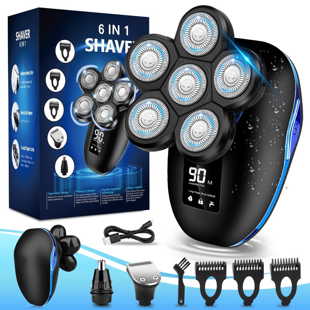 Head Shaver for Bald Men,6-in-1 Electric Shaver for Bald Head 6D Wet/Dry Waterproof Mens Electric Razor Skull Head Shavers Mens Grooming Kit Cordless Rechargeable Face Head Shaving Rotary Shaver Blue