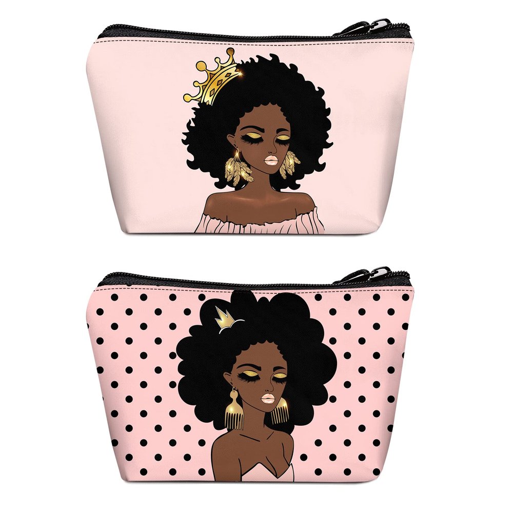 BDAWQUG Cosmetic Bag for Black Women African Queen Art Printing Fashion Makeup Bags 2 Pack Roomy Black Toiletry Pouch Travel Accessories Gifts