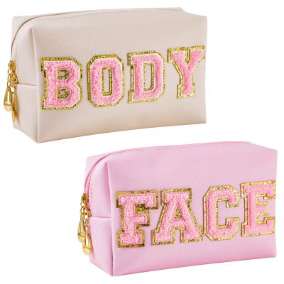 Patelai 2 Pcs Preppy Makeup Bags Chenille Letter Patch Bag Face Skin Hair Stuff Aesthetic Cosmetic Bag Travel Zipper Pouch Makeup Organizer Graduation Gift for Girls(White, Pink, Body, Face)