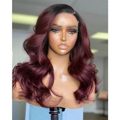 #1BT99j Body Wave 13X6 HD Lace Frontal Human Hair Wig Pre Plucked Bleached Knots For Woman 180% Density Lace Front Wigs Brazlian Remy Hair Glueless Wigs Transparent Lace Burgundy Color 18Inch