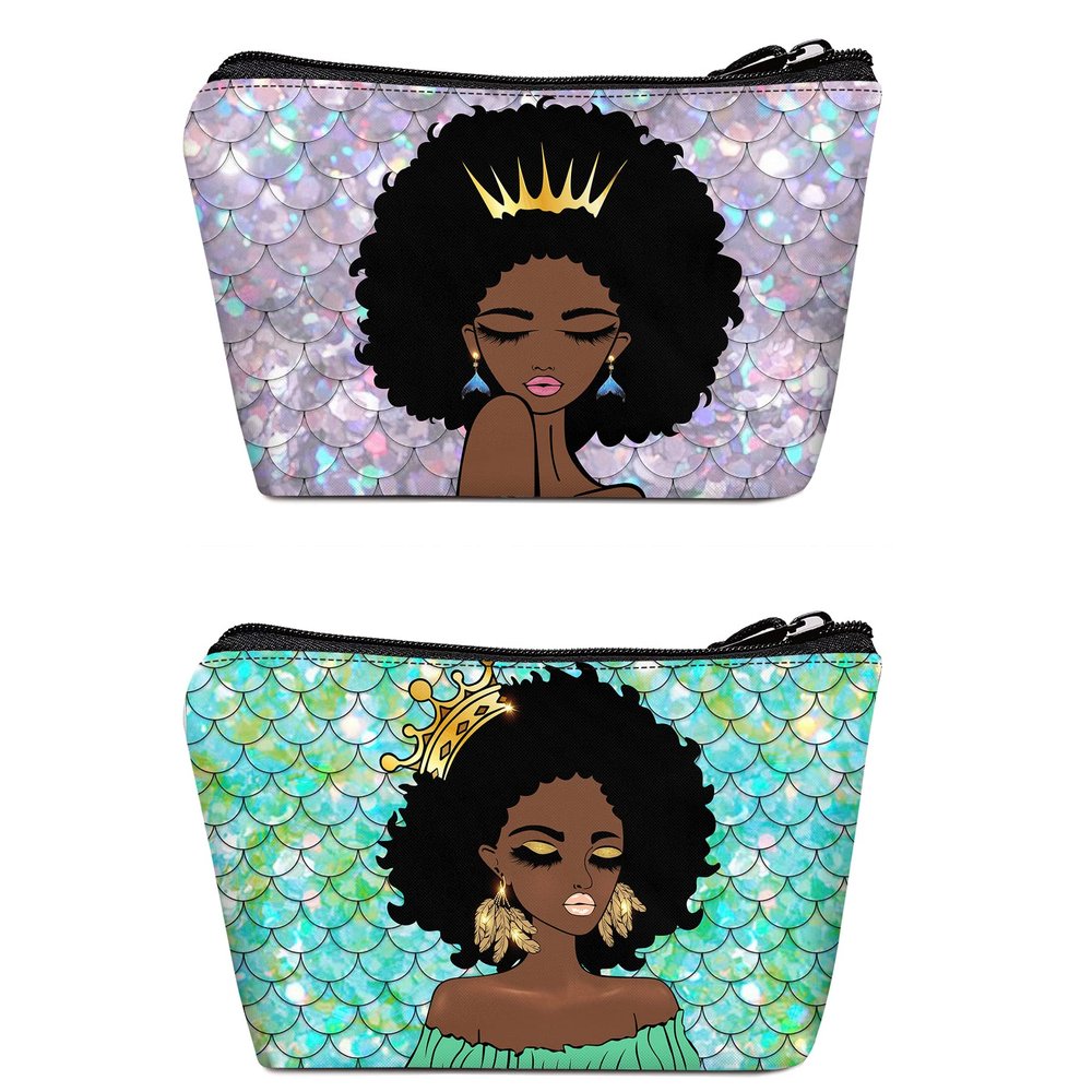 BDAWQUG Women Small Makeup Bag African Queen Cosmetic Travel Pouch for Purse Mermaid Makeup Organizer Afro Queen Thanksgiving Christmas Gifts 2 Pack