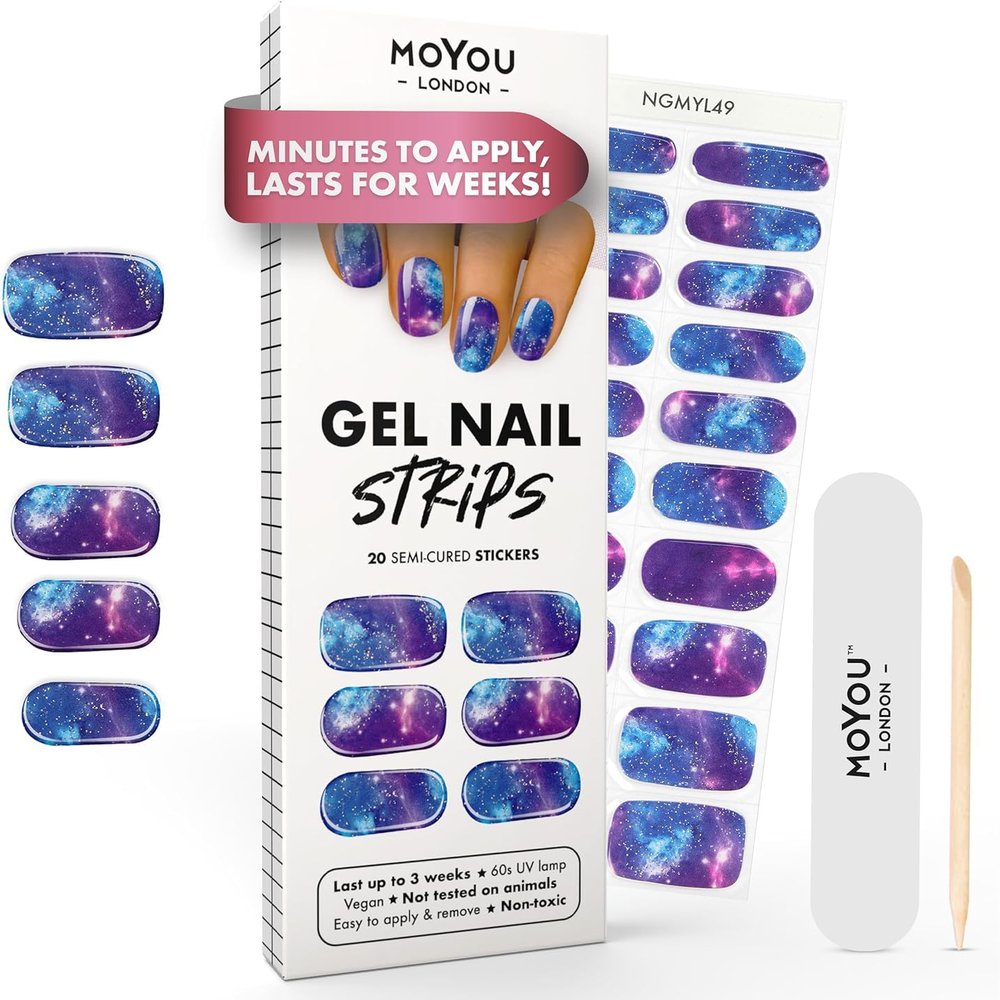 MOYOU LONDON Semi Cured Gel Nail Strips - 20 Pcs. Waterproof Gel Nail Wraps, Cures in Sunlight or UV/LED Lamp, Lasts Up to 2+ Weeks, Stretchable, Easy to Apply & Remove, Vegan & Cruelty-Free