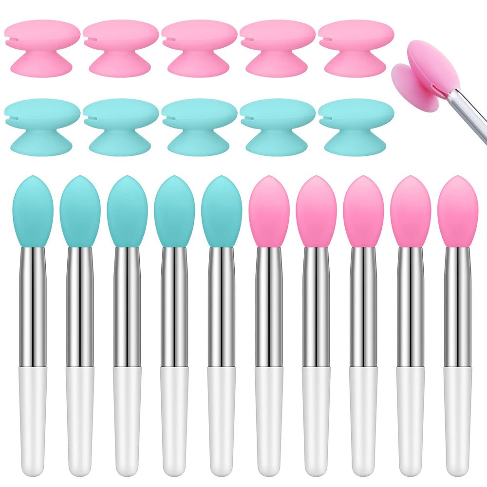 Newtay 20 Pcs Silicone Lip Brush Covers and Brushes for Reusable Lip Mask Eyeshadow Balm and Other Cream Makeup Products(Pink, Green)