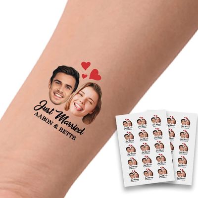 Personalized Temporary Tattoos for Wedding Party, Custom Face Name Funny Love Tattoos Gift for Adult Bride Groom Couple, Paper 1 Set of 15 Pieces for Skin