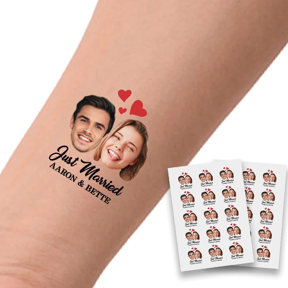 Personalized Temporary Tattoos for Wedding Party, Custom Face Name Funny Love Tattoos Gift for Adult Bride Groom Couple, Paper 1 Set of 15 Pieces for Skin