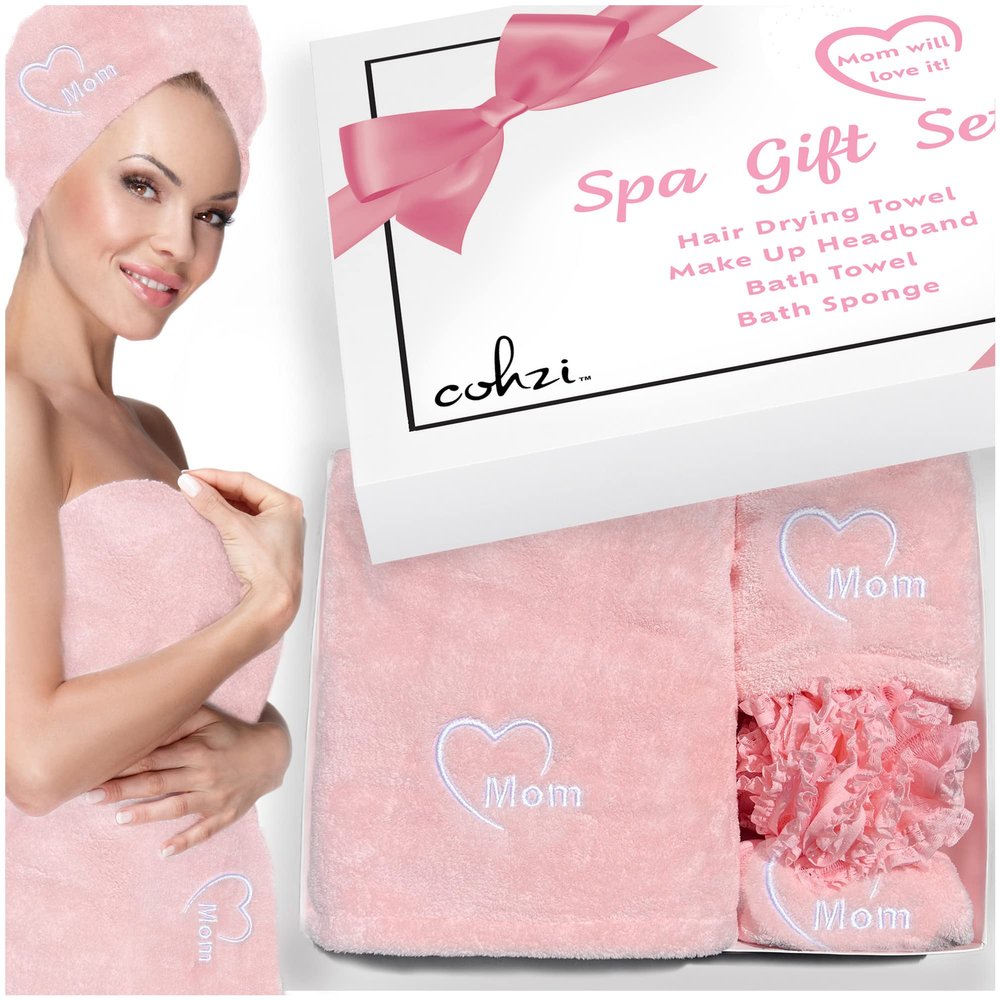Cohzi Hair Towel Spa Gifts for Mom - Microfiber Hair Drying Towel Wrap and Bath Towel Spa Gift Set. Birthday Gifts for Mom. Gifts for Mother's from Daughter or Son. New Mom Gifts.