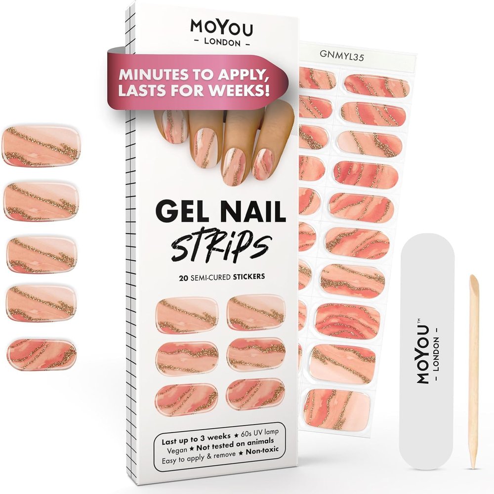 MOYOU LONDON Semi Cured Gel Nail Strips - 20 Pcs. Waterproof Gel Nail Wraps, Cures in Sunlight or UV/LED Lamp, Lasts Up to 2+ Weeks, Stretchable, Easy to Apply & Remove, Vegan & Cruelty-Free