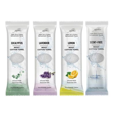 FabbPro Oshibori Moist Terry Cotton Refreshment Towels (100 Pack,8x8 Inches)-White Scented Pre-moistened Essential Oil Infused Towel to Use Hot or Cold Unscented, Lavender, Lemon & Eucalyptus Scents