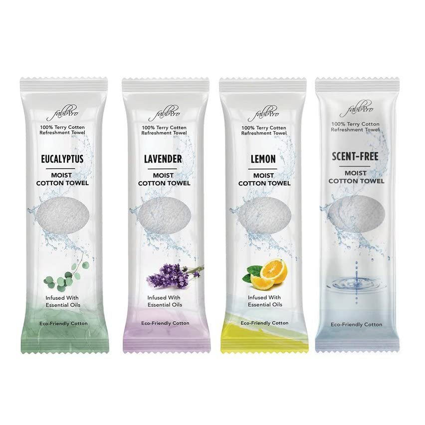 FabbPro Oshibori Moist Terry Cotton Refreshment Towels (100 Pack,8x8 Inches)-White Scented Pre-moistened Essential Oil Infused Towel to Use Hot or Cold Unscented, Lavender, Lemon & Eucalyptus Scents