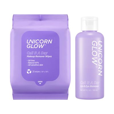 Unicorn Glow Makeup Remover Cleansing Face Wipes + LIP EYE Makeup Remover DUO - XL Oversize Daily Cleansing Facial Towelettes (1 EA+ Oil Free Lip Eye Makeup Remover)