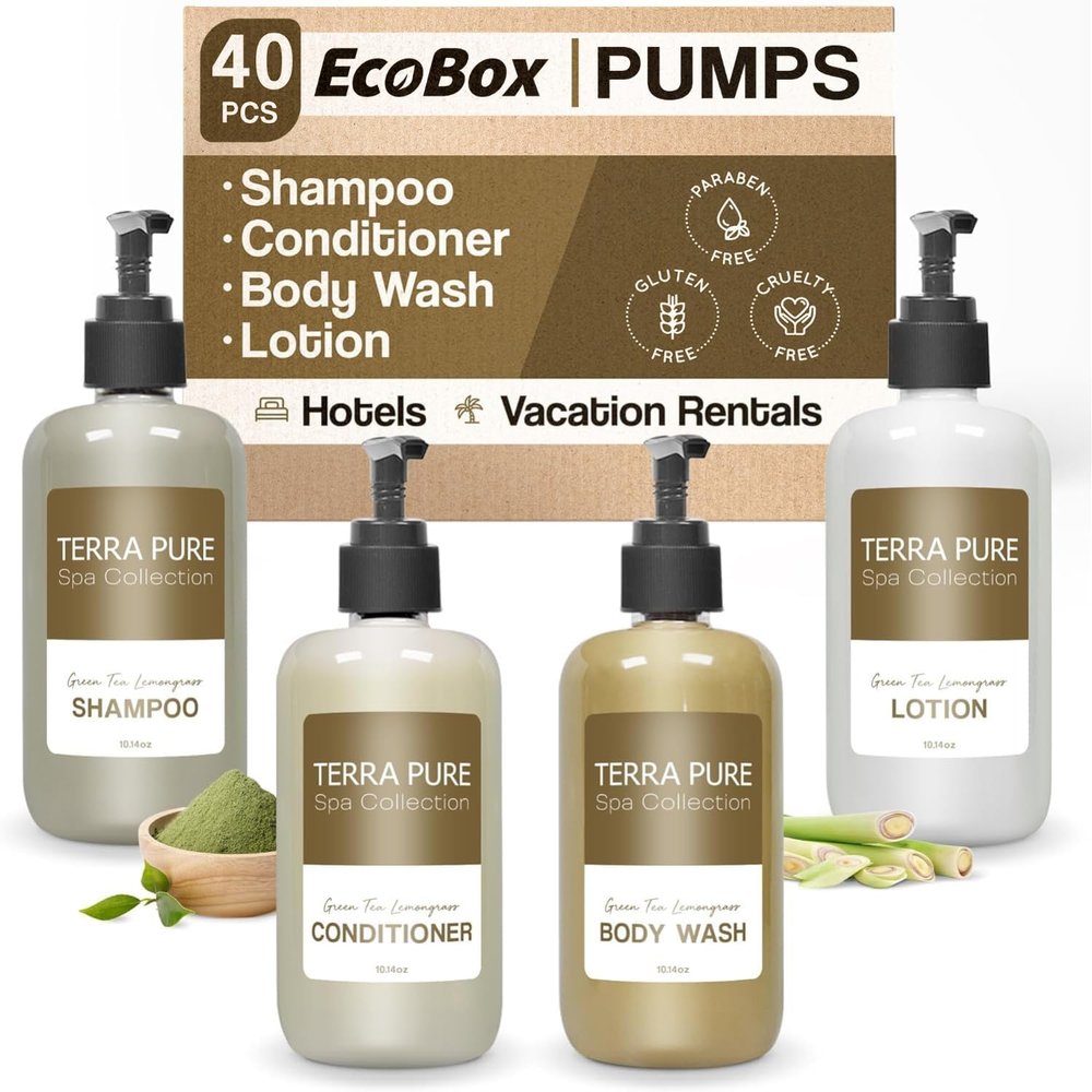 Terra Pure Spa Collection 40 Piece Ecobox All-In-Kit | Green Tea Lemongrass Soap | 12 Shampoo, 8 Conditioner, 12 Body Wash & 8 Lotion | 10.14oz Hotel Soaps and Toiletries Bulk | Personal Care Products