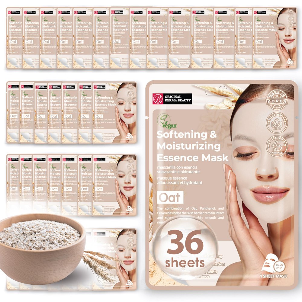 Innerest Original Derma Beauty Collagen Face Masks 36 PK Vegan Ultra Moisturizing Face Masks Skincare Sheet Masks Set for Beauty & Personal Care Korean Face Mask (Oat)