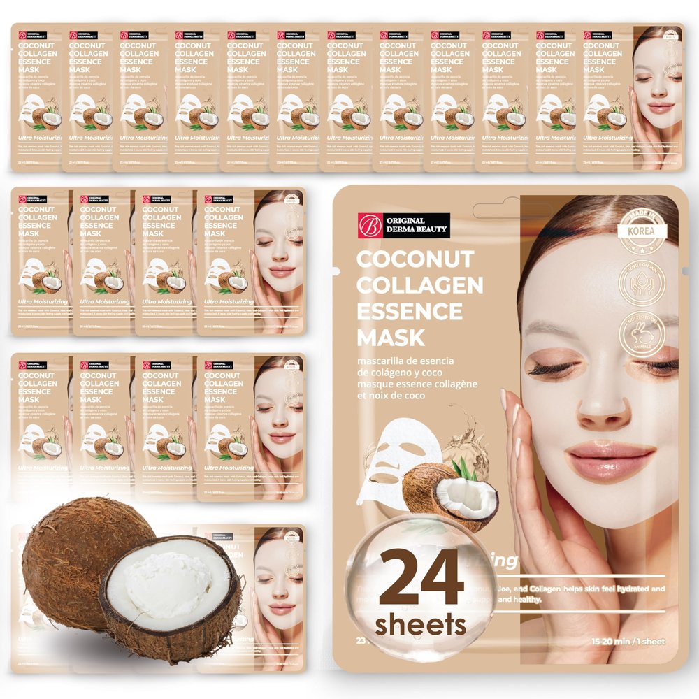 Innerest Original Derma Beauty Collagen Face Masks 24 PK Ultra Moisturizing Coconut Face Mask Skin Care Sheet Masks Set for Beauty & Personal Care Korean Face Mask