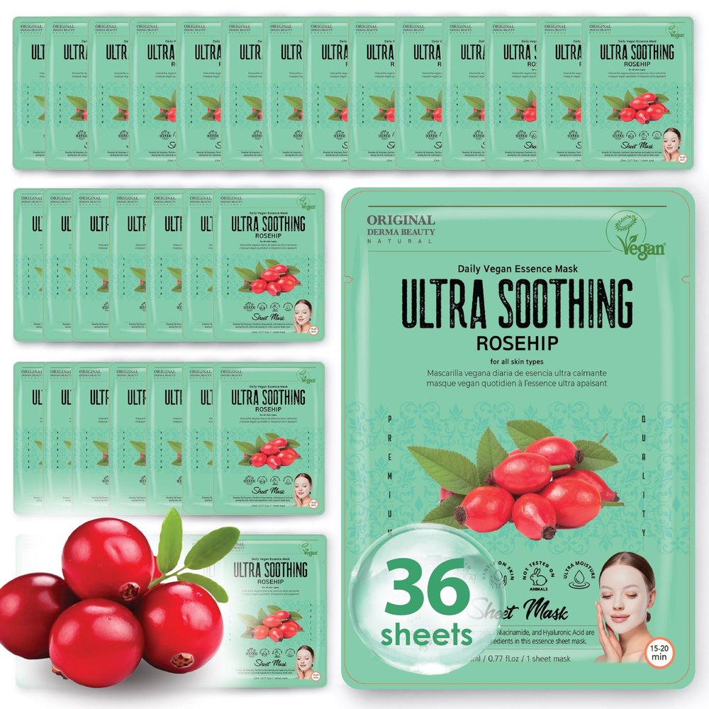 Innerest Original Derma Beauty Collagen Face Masks 36 PK Vegan Ultra Soothing Rosehip Face Mask Skin Care Sheet Masks Set for Beauty & Personal Care Korean Face Mask