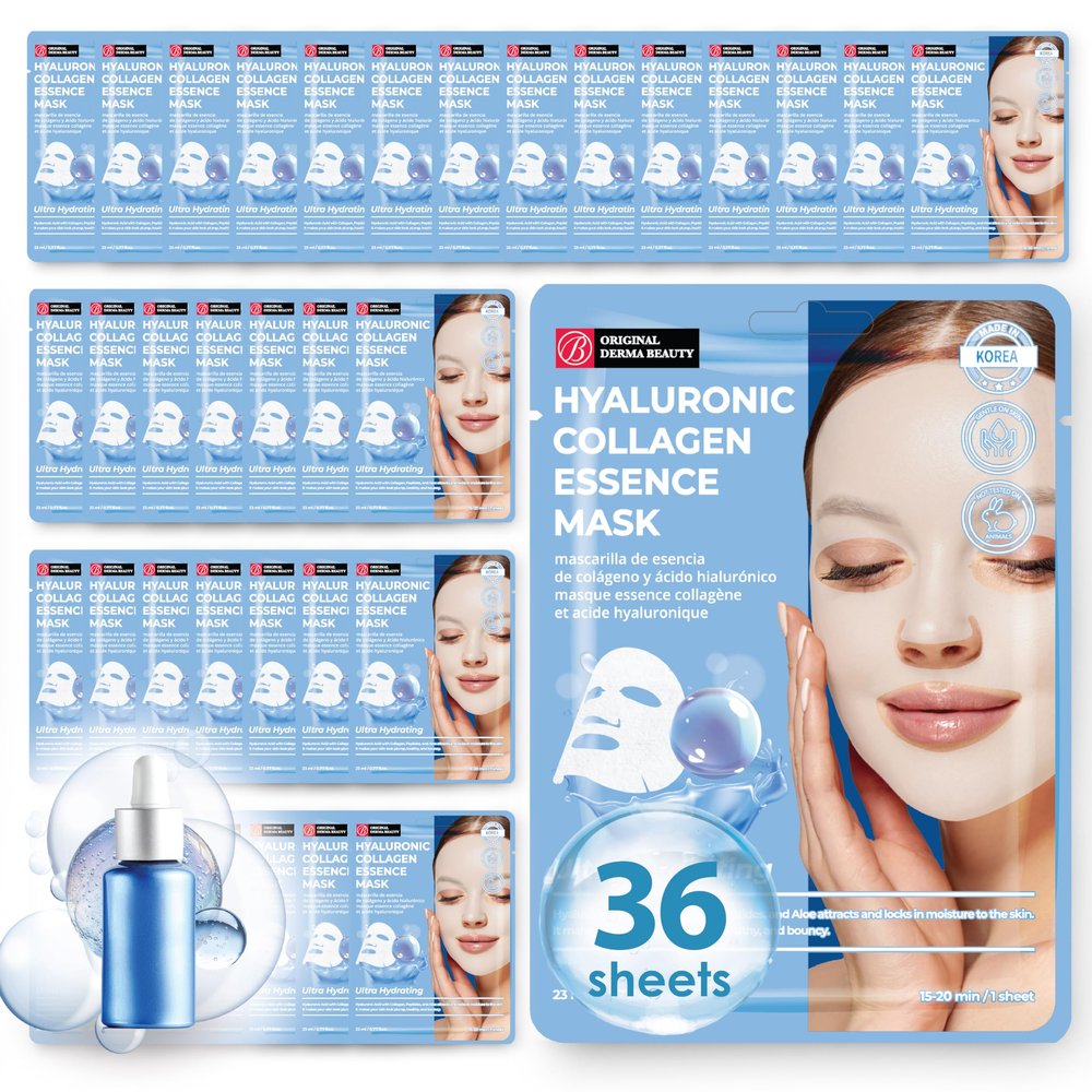 Innerest Original Derma Beauty Collagen Face Masks 36 PK Vegan Ultra Moisturizing Face Masks Skincare Sheet Masks Set for Beauty & Personal Care Korean Face Mask (Hyaluron)